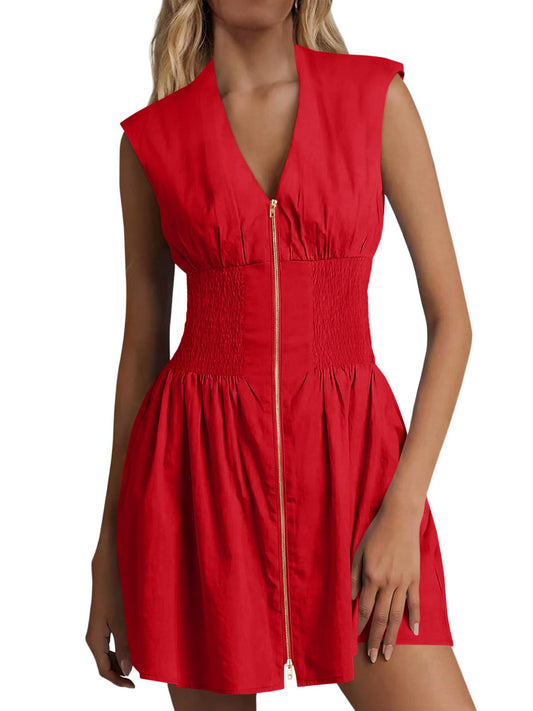 Women's Zip Front V Neck Sleeveless Tank Mini Dress with Pockets