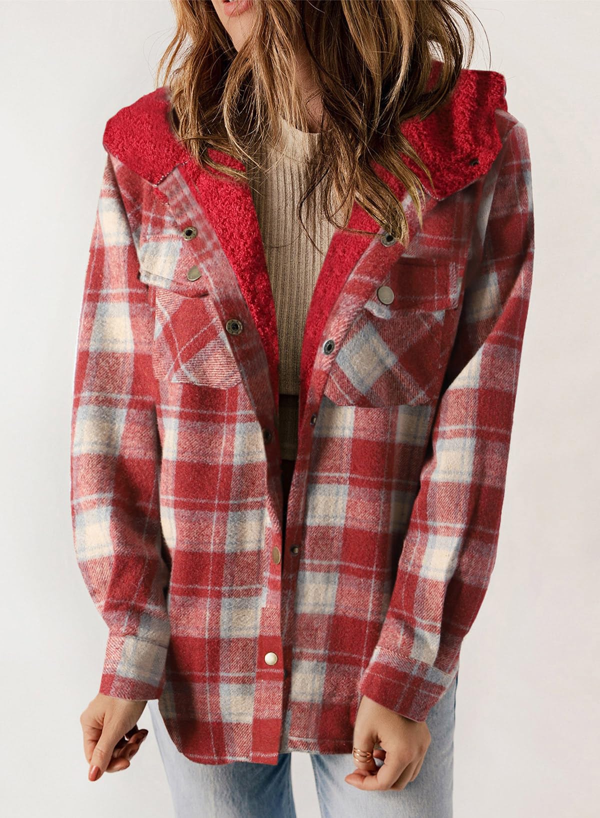 Women's Fall Fuzzy Flannel Long Sleeve Plaid Jacket Coat with Hood
