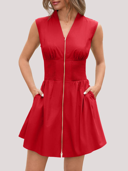 Women's Zip Front V Neck Sleeveless Tank Mini Dress with Pockets