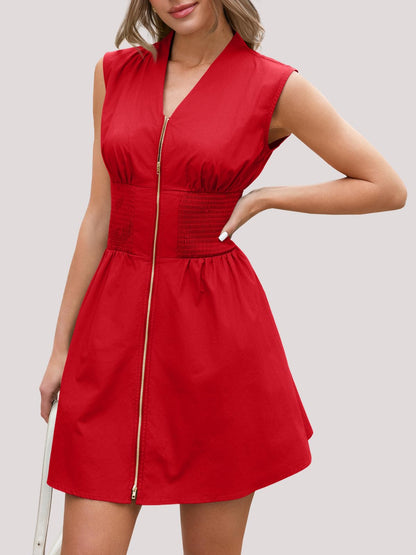 Women's Zip Front V Neck Sleeveless Tank Mini Dress with Pockets