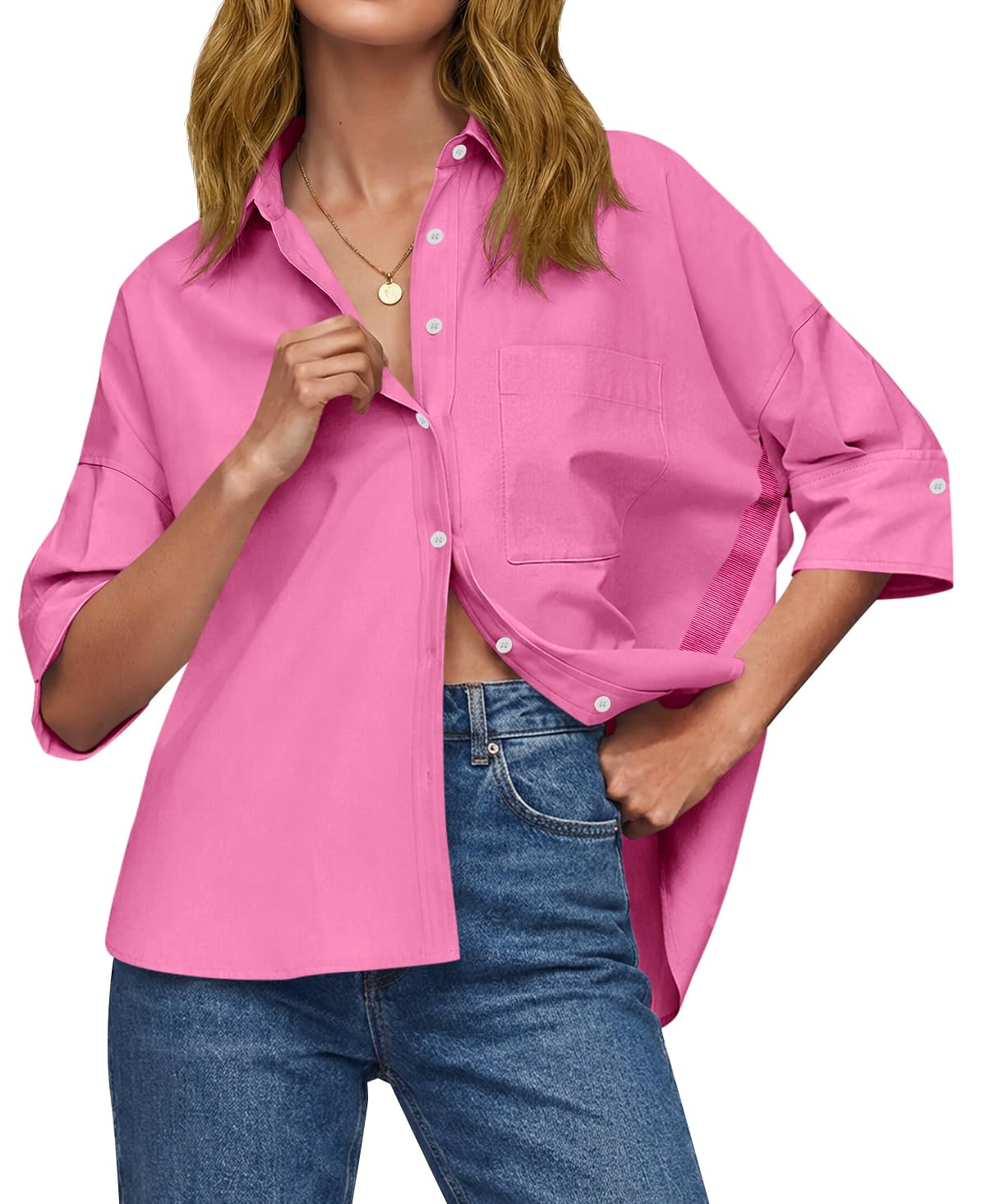 Womens Oversized Button Down Shirts Half Sleeve V Neck Blouses
