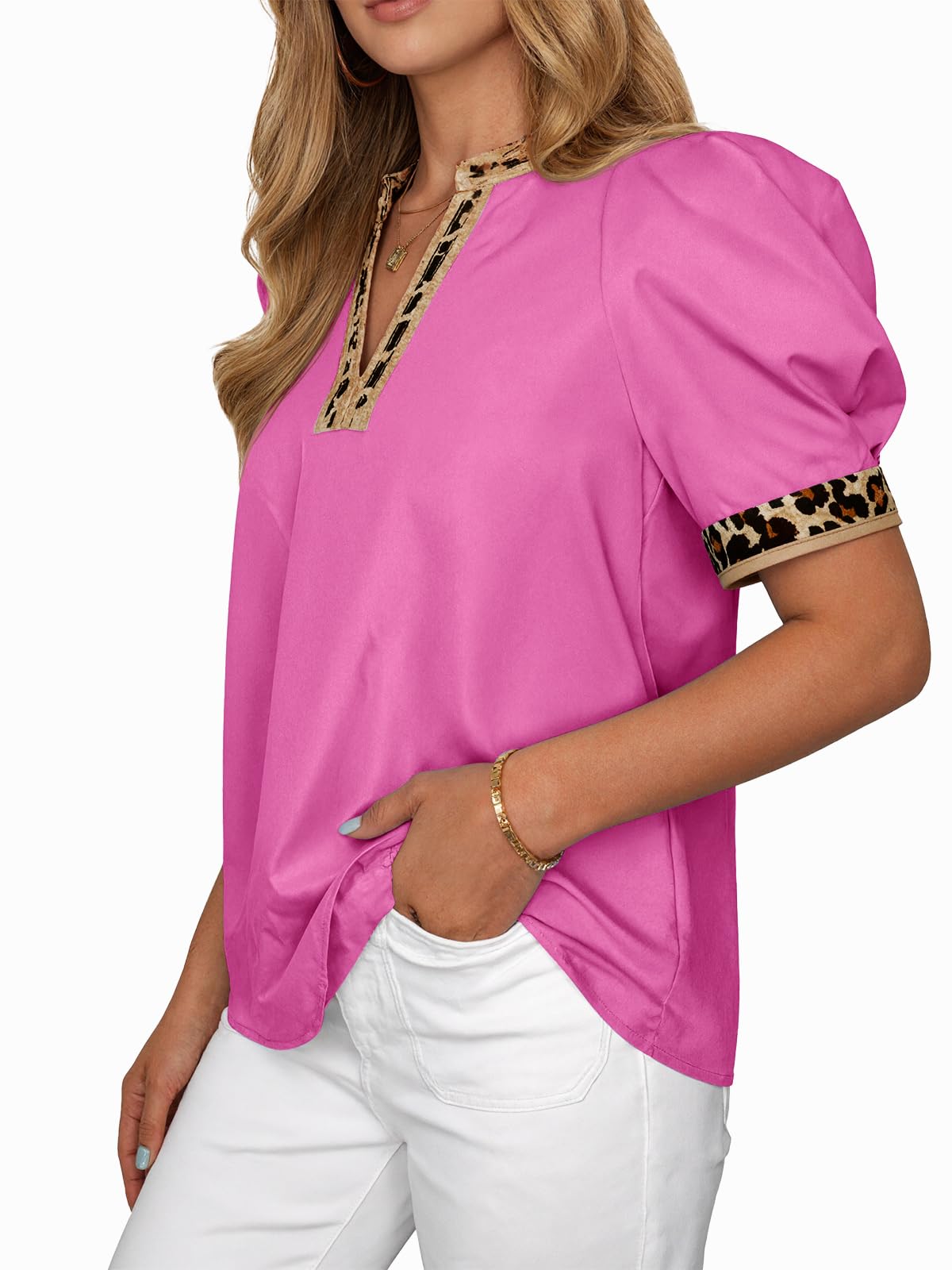 Womens Leopard V Neck Color Block Puff Sleeve Tops