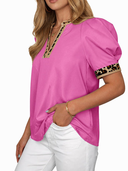 Womens Leopard V Neck Color Block Puff Sleeve Tops