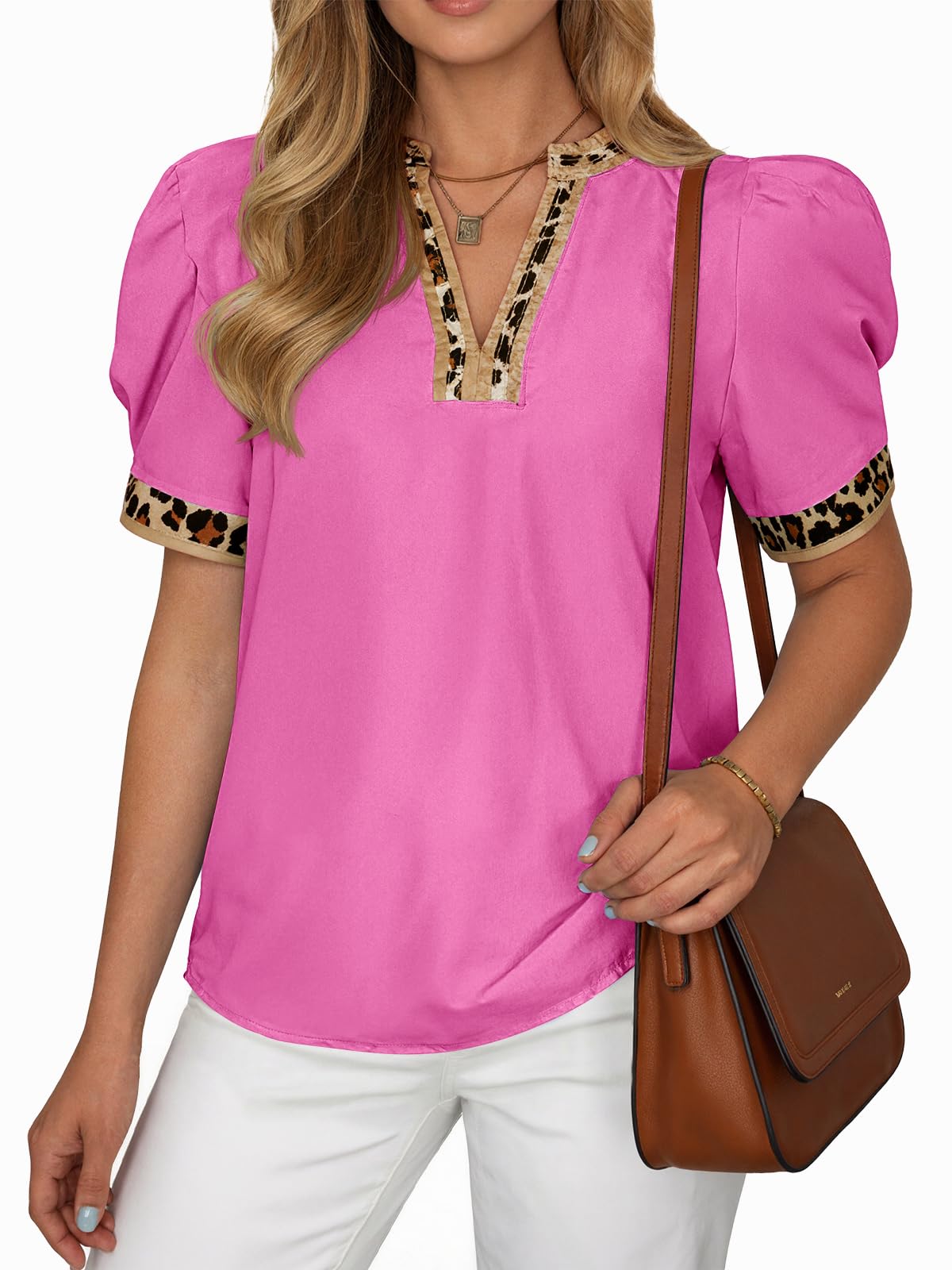 Womens Leopard V Neck Color Block Puff Sleeve Tops