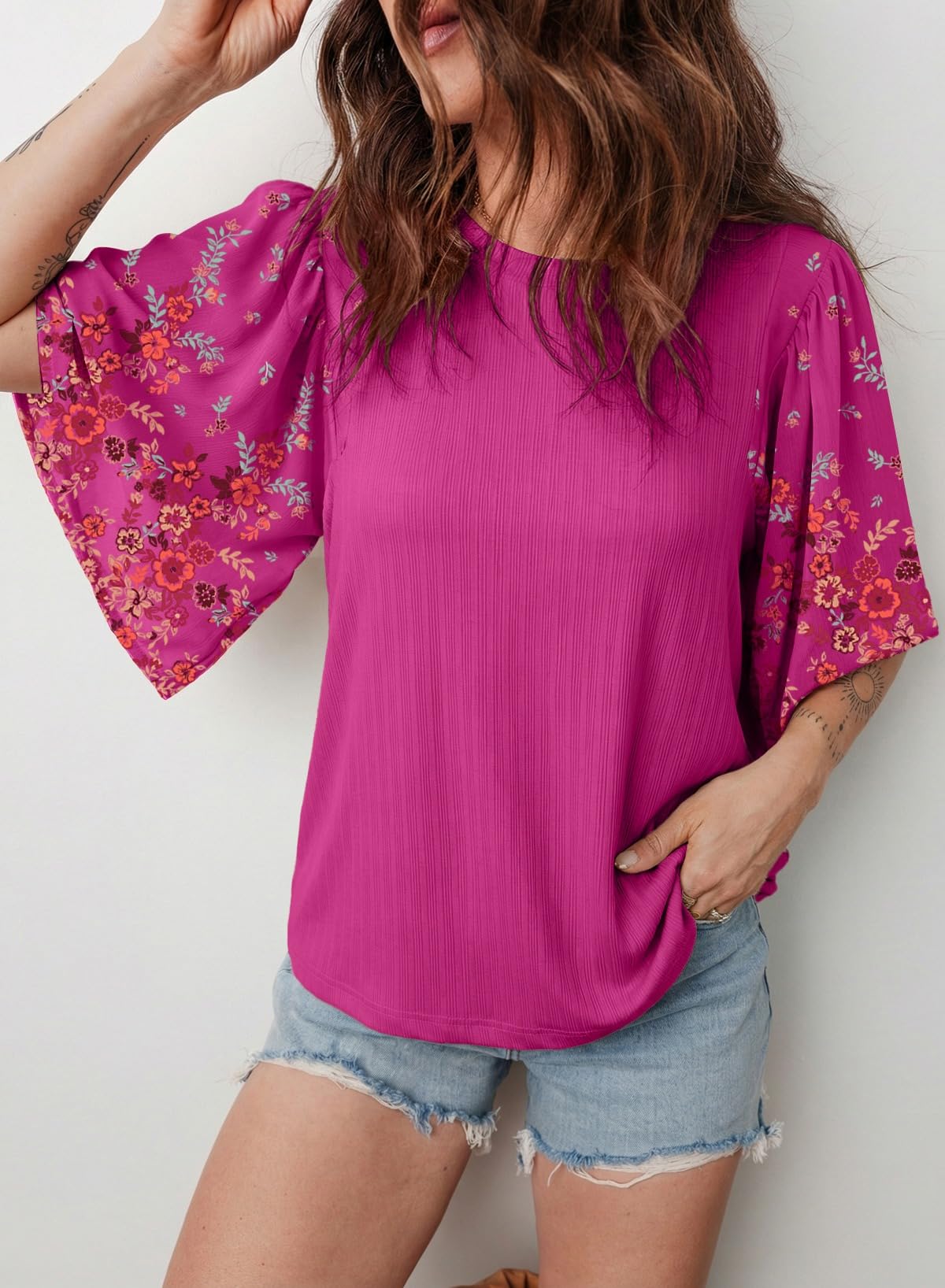 Women's Boho Floral Patchwork 3/4 Sleeve Blouse