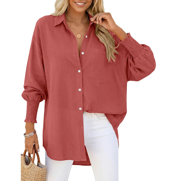 Women Loose Linen Blend Pocket Shirt with Smocked Elastic Cuffs