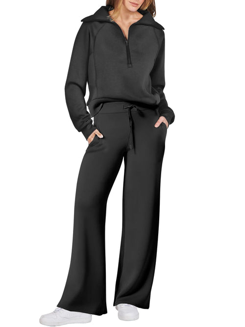 Women's 2 Piece Lounge Matching Set Wide Leg Sweatpant Half Zip Sweatshirt