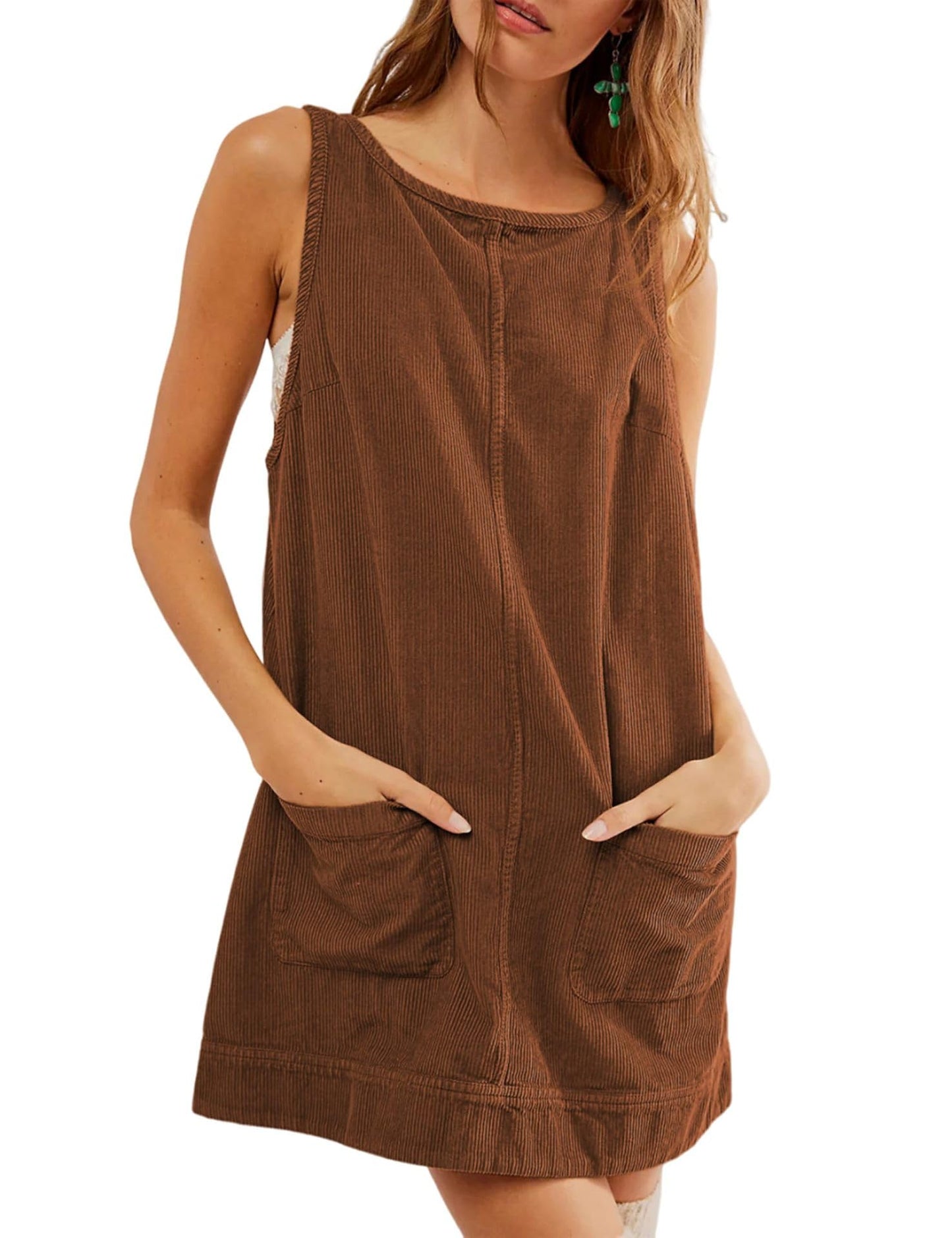 Women's Corduroy Overall Dress Round Neck Wide Strap Mini Dress with Pockets