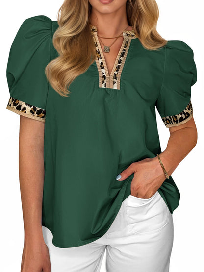 Womens Leopard V Neck Color Block Puff Sleeve Tops