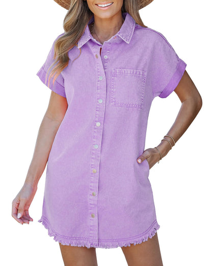 Women's Button Down Frayed Hem Denim Shirt Dresses(BUY 2 FREE SHIPPING)