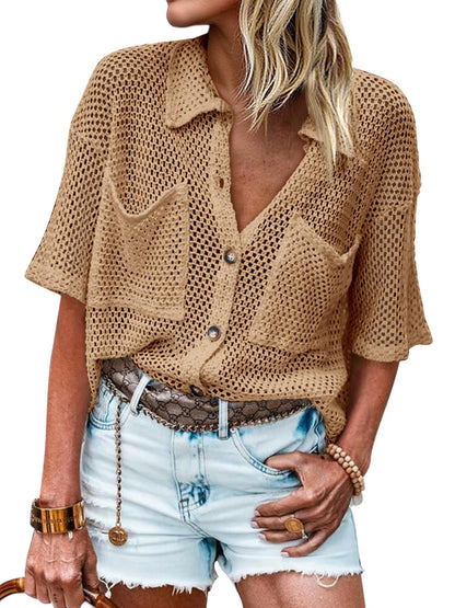 Womens Short Sleeve Crochet Lightweight Cardigan Sweaters Cover Up Shirts