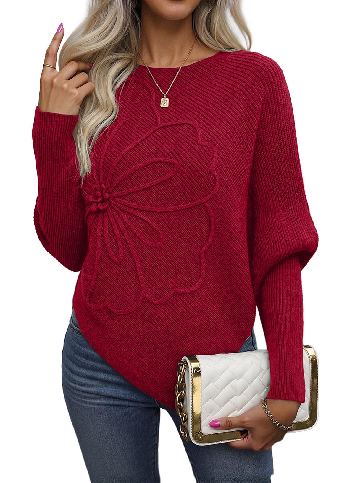 Women's Floral Asymmetrical Knit Poncho Sweater