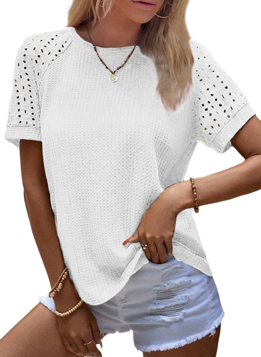 Women's Casual Crew Neck Hollow Out Raglan Short Sleeve Waffle Knit Tops(buy 3 free shipping)