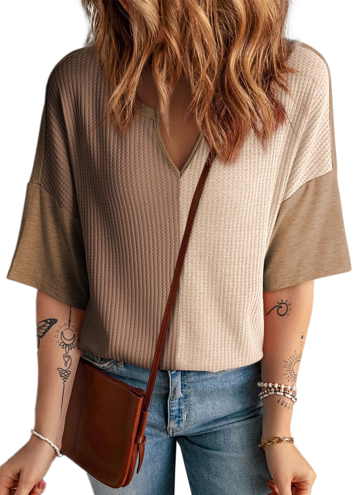 Women's Half Sleeve Waffle Knit Casual V Neck Colorblock Patchwork Shirts