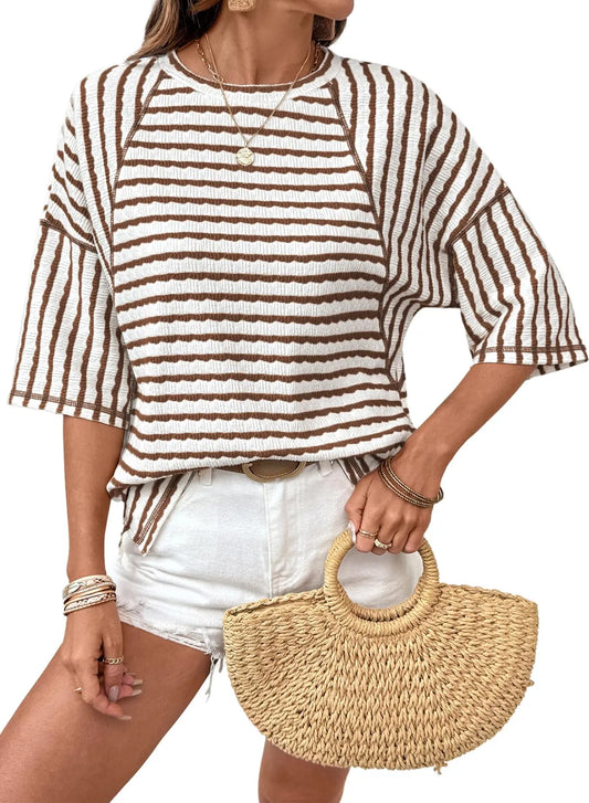 Women Stripe Textured Knit Split Hem Top