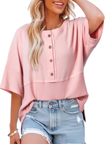 Women's 3/4 Sleeve Casual Button Down Waffle Knit Tops