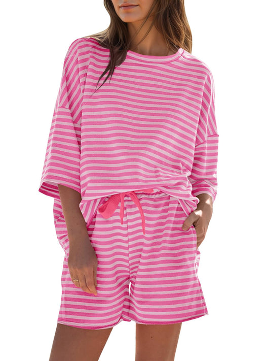 Womens Striped 3/4 Sleeve Oversized Tops High Waisted Shorts Casual Lounge Sets