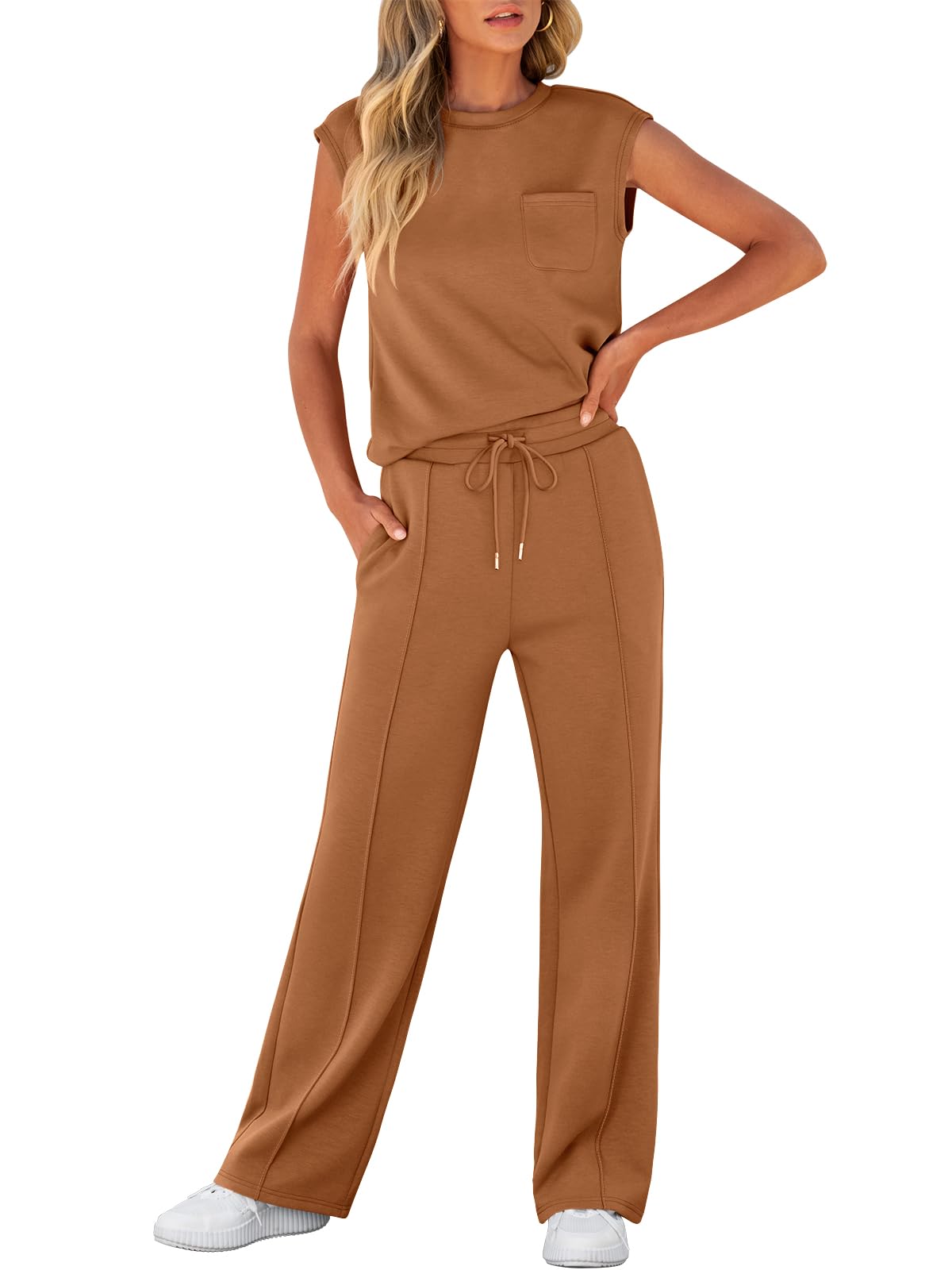 Women's Sleeveless Sweatsuits Matching Wide Leg Tracksuits Lounge Sets