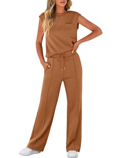 Women's Sleeveless Sweatsuits Matching Wide Leg Tracksuits Lounge Sets