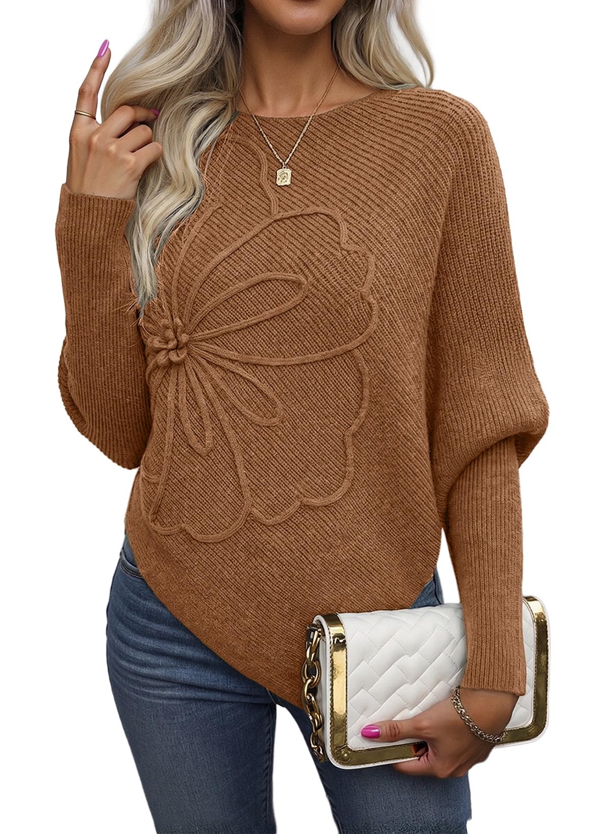 Women's Floral Asymmetrical Knit Poncho Sweater