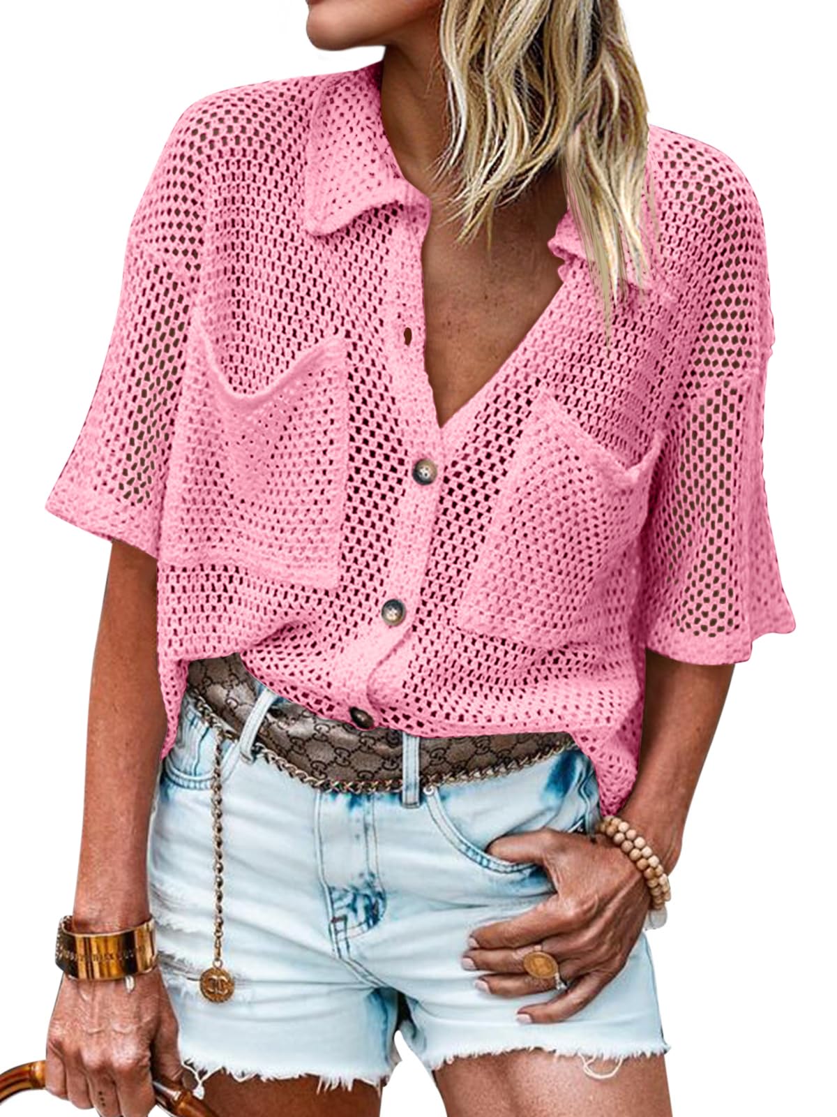 Womens Short Sleeve Crochet Lightweight Cardigan Sweaters Cover Up Shirts