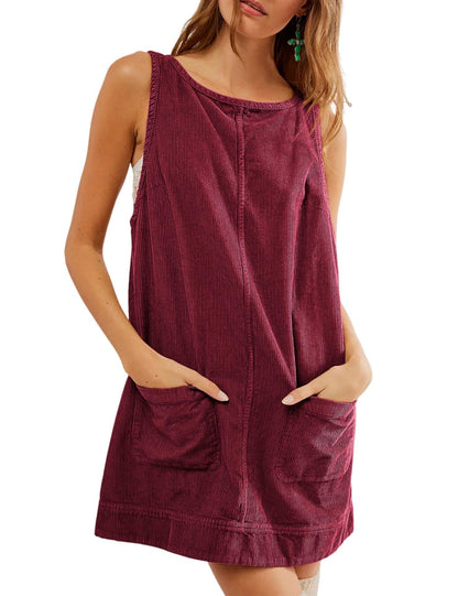 Women's Corduroy Overall Dress Round Neck Wide Strap Mini Dress with Pockets