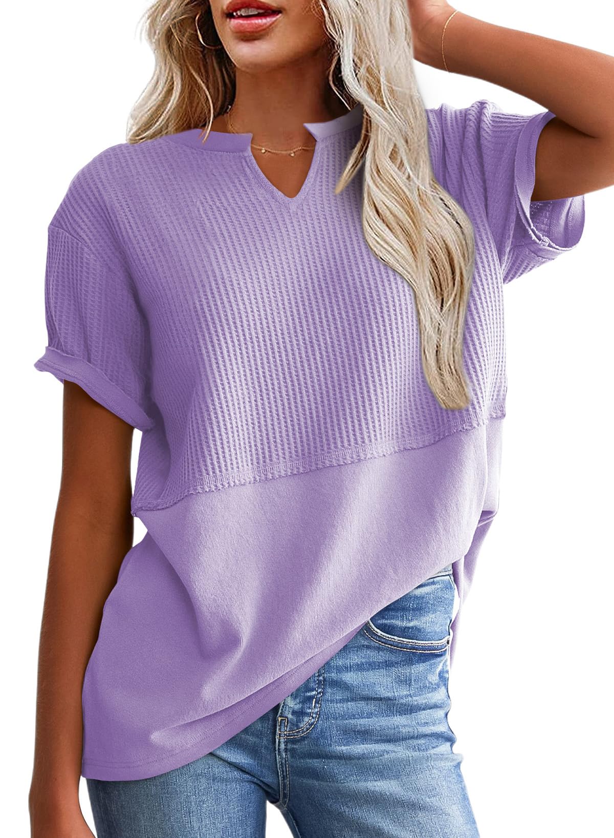 Women's Casual V Neck Waffle Knit Tops Short Sleeve T Shirts