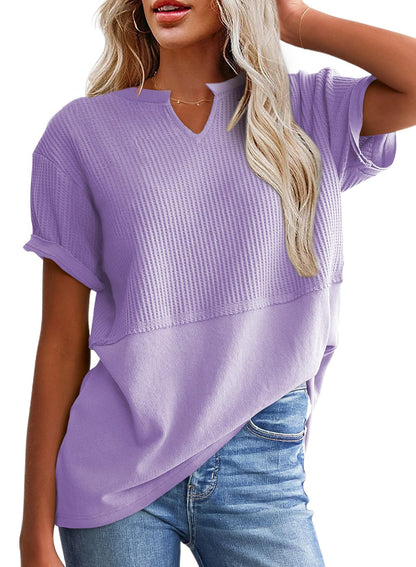 Women's Casual V Neck Waffle Knit Tops Short Sleeve T Shirts