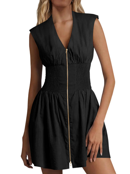 Women's Zip Front V Neck Sleeveless Tank Mini Dress with Pockets