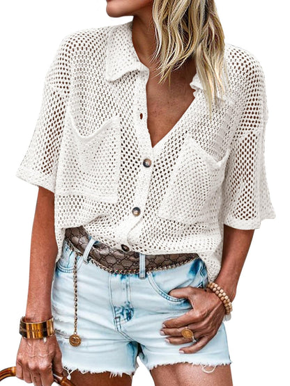 Womens Short Sleeve Crochet Lightweight Cardigan Sweaters Cover Up Shirts