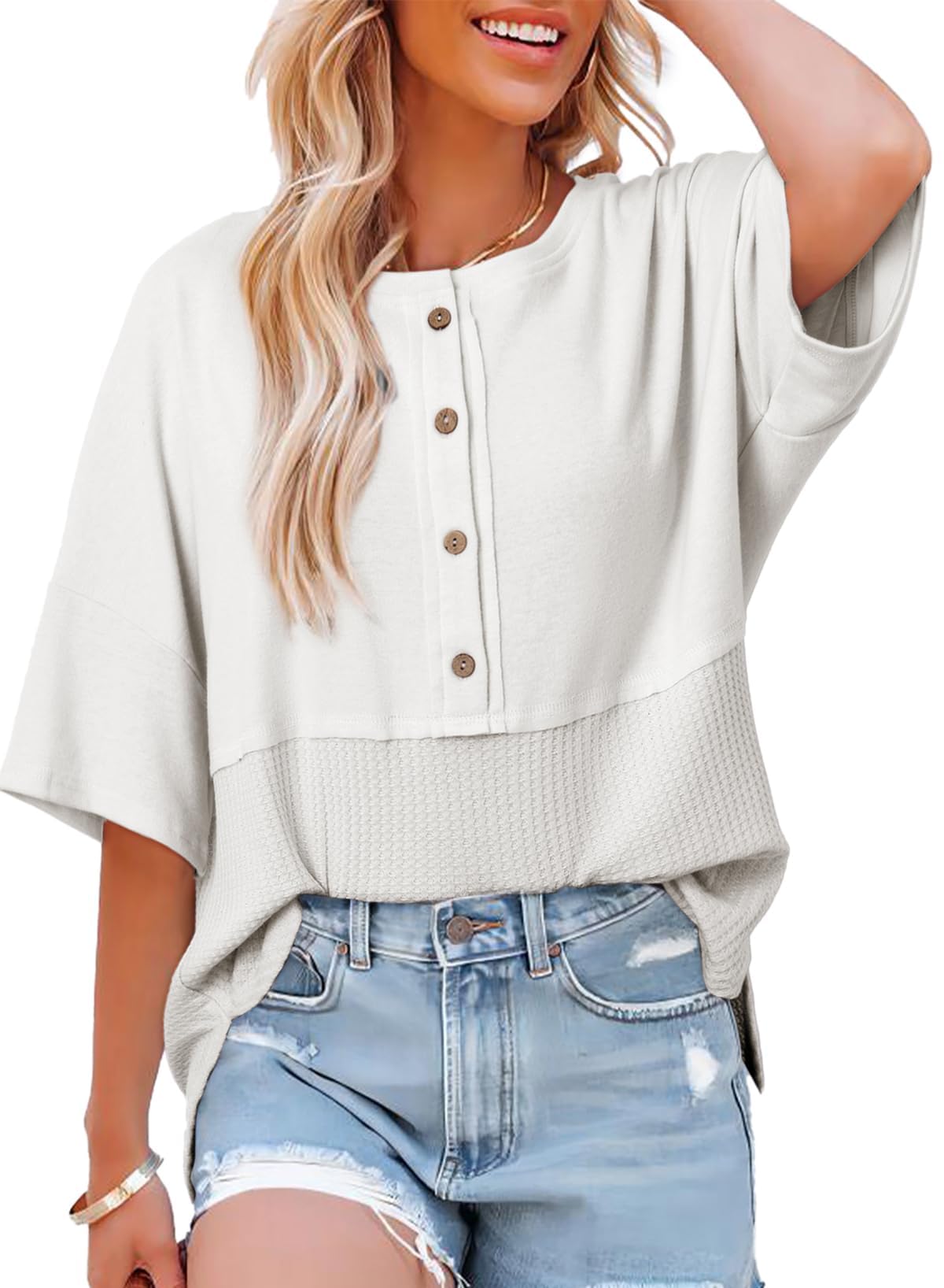 Women's 3/4 Sleeve Casual Button Down Waffle Knit Tops