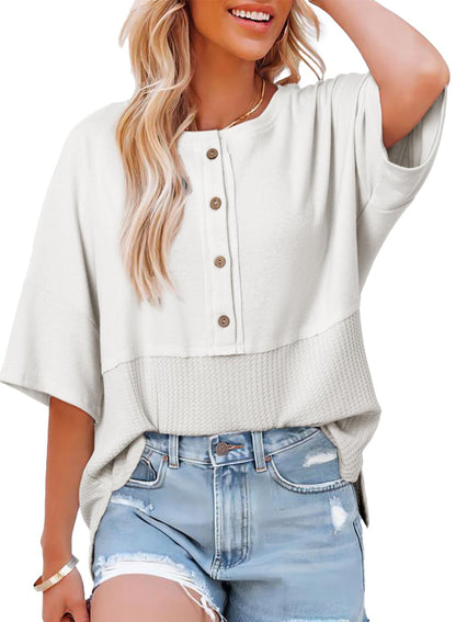 Women's 3/4 Sleeve Casual Button Down Waffle Knit Tops