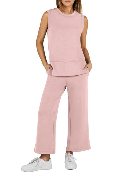 Women's Sleeveless Slit Hem Wide Leg Suit Casual Two Piece Set