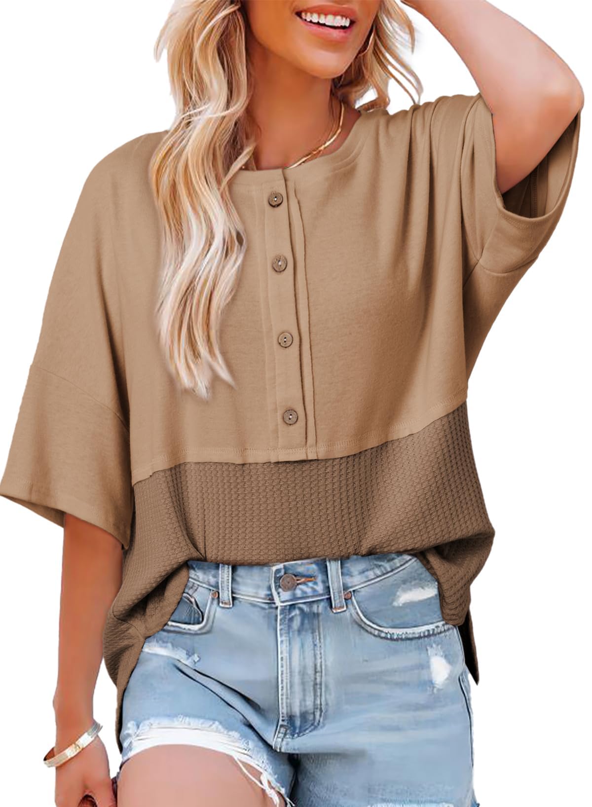 Women's 3/4 Sleeve Casual Button Down Waffle Knit Tops