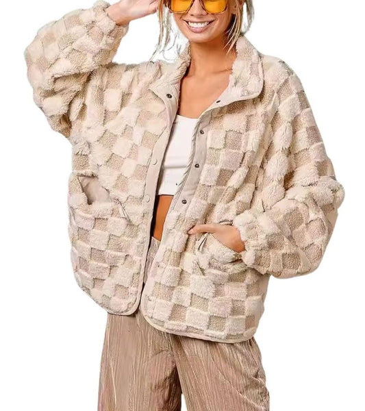 Women's Checkered Fleece Sherpa Jacket