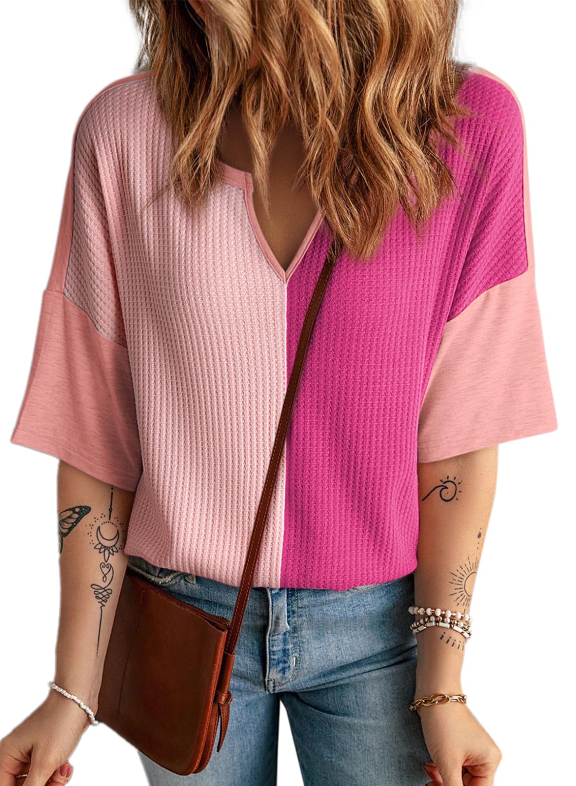 Women's Half Sleeve Waffle Knit Casual V Neck Colorblock Patchwork Shirts