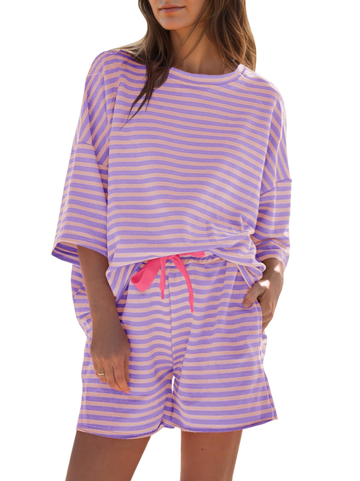 Womens Striped 3/4 Sleeve Oversized Tops High Waisted Shorts Casual Lounge Sets
