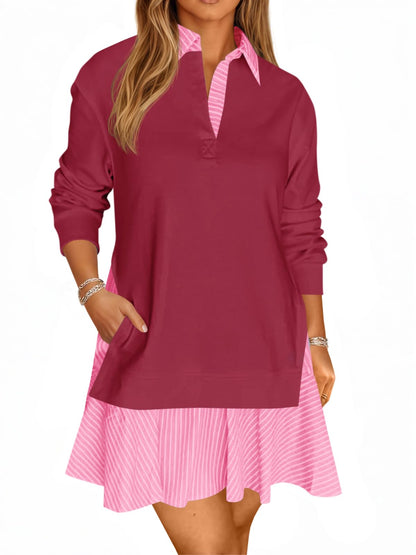 Women's Oversized Collared V Neck Patchwork Sweatshirt Dress