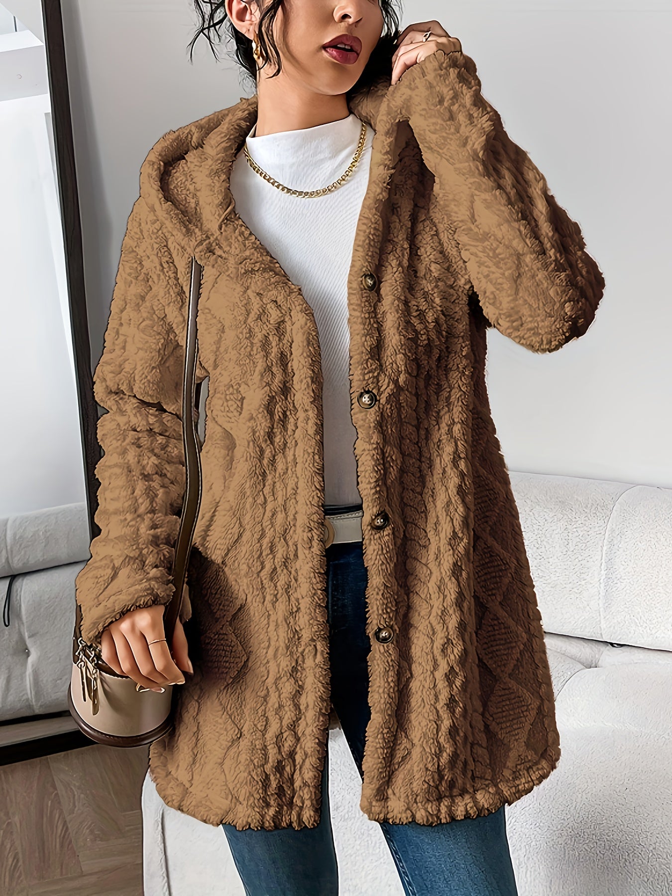 Womens Fuzzy Fleece Button Down Jacket Hooded Open Front Cardigan Sweater(BUY 2 FREE SHIPPING)
