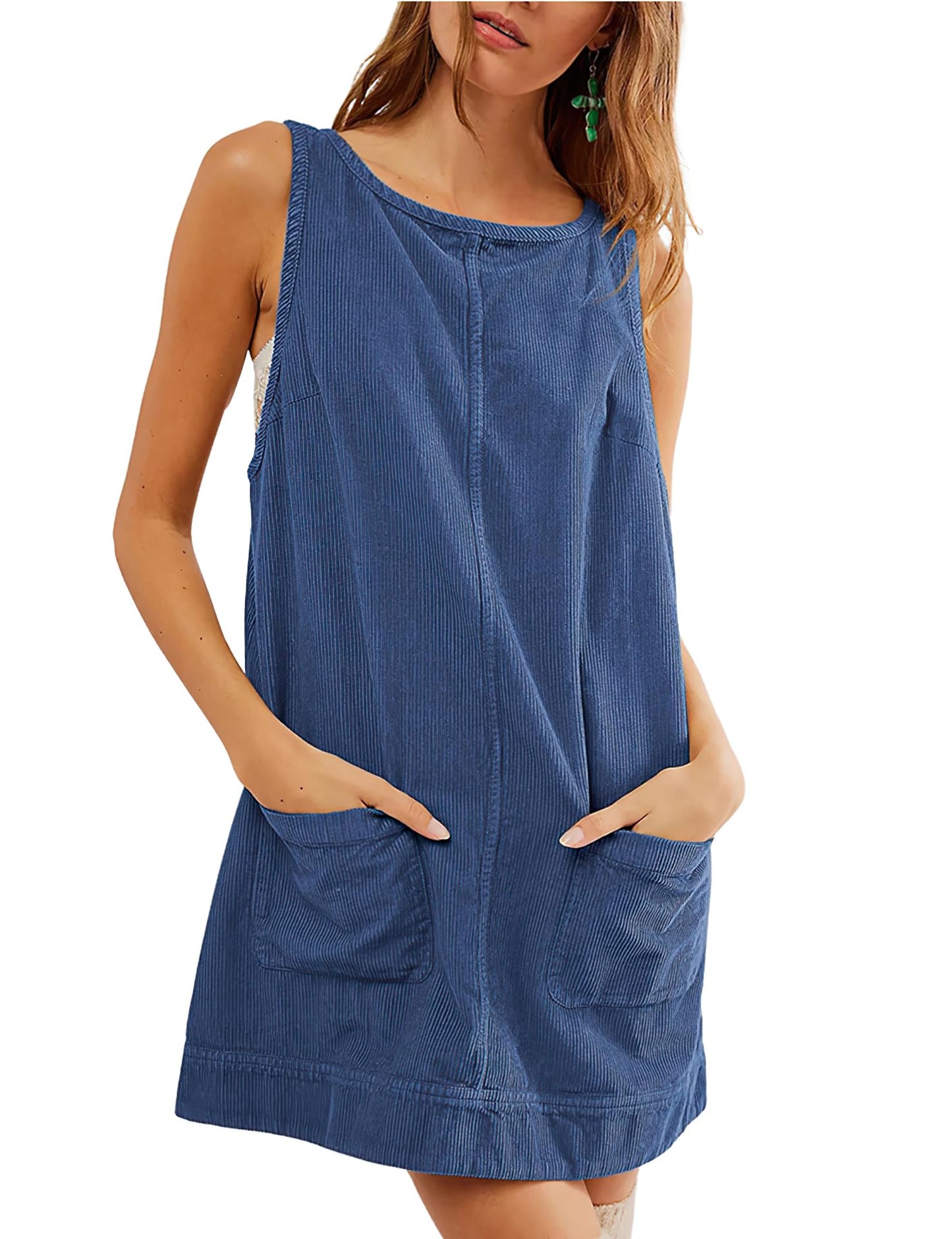 Women's Corduroy Overall Dress Round Neck Wide Strap Mini Dress with Pockets