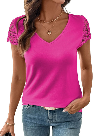 Womens Lace Tops Casual V Neck Short Sleeve Shirts