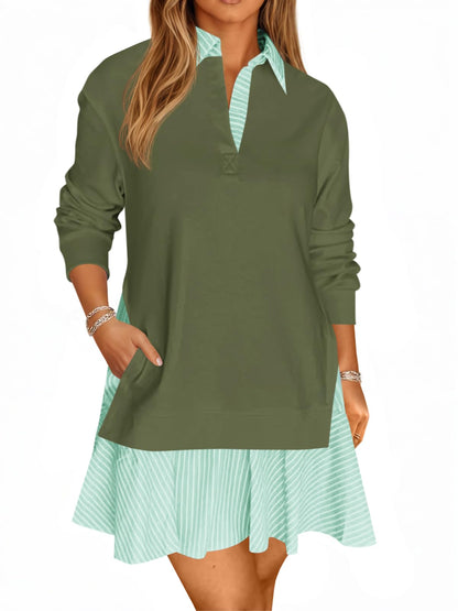 Women's Oversized Collared V Neck Patchwork Sweatshirt Dress