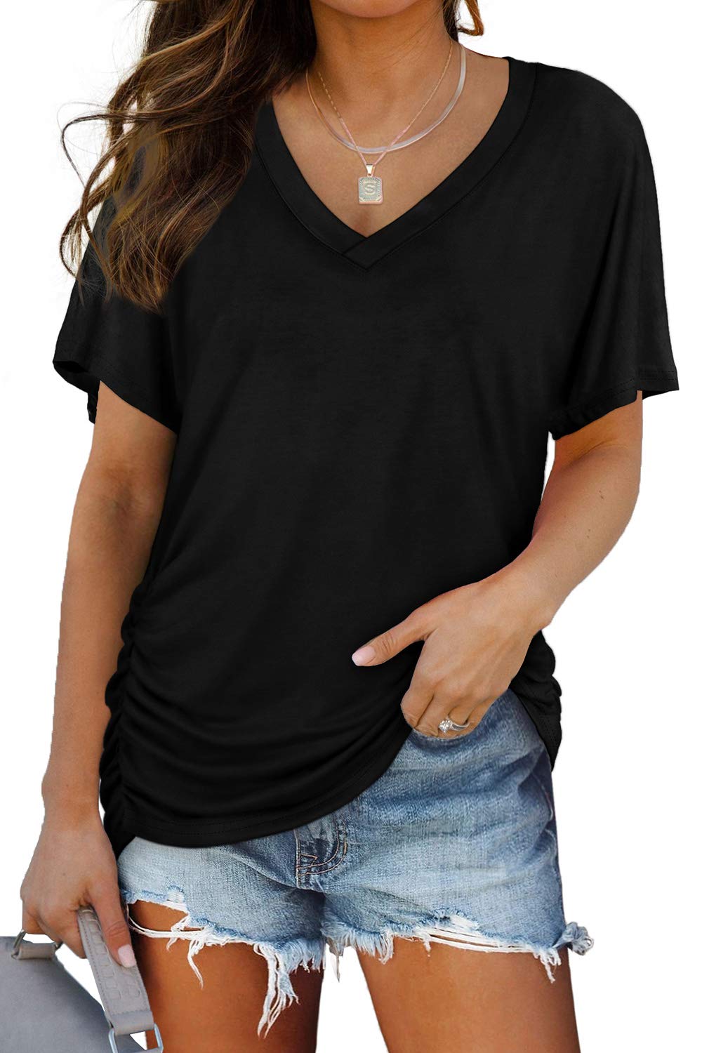 Women's Short Sleeve V Neck Dolman Tops with Side Shirring