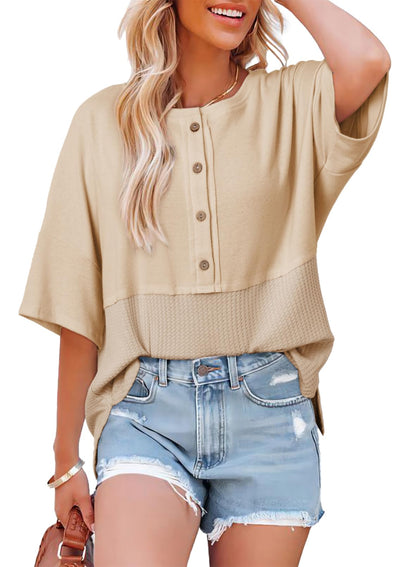 Women's 3/4 Sleeve Casual Button Down Waffle Knit Tops