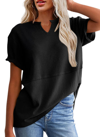 Women's Casual V Neck Waffle Knit Tops Short Sleeve T Shirts