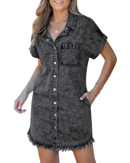 Women's Button Down Frayed Hem Denim Shirt Dresses(BUY 2 FREE SHIPPING)