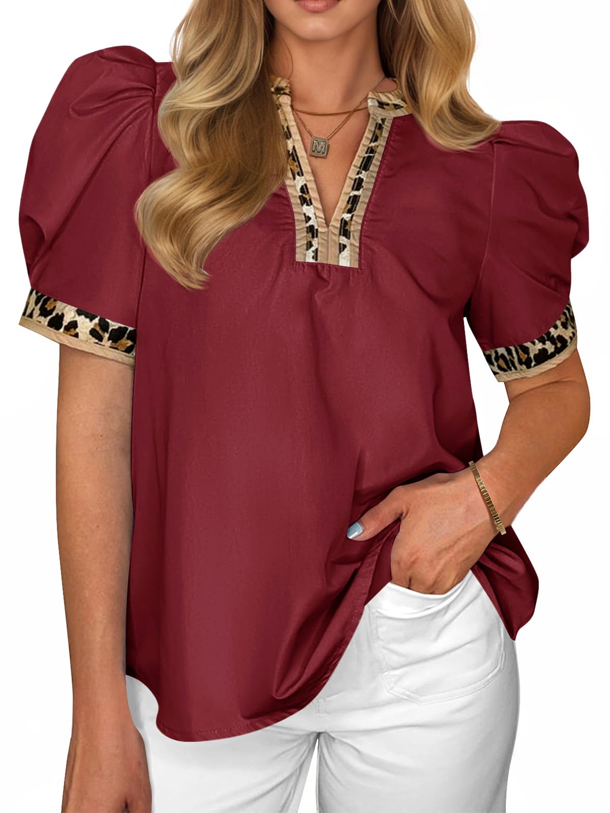 Womens Leopard V Neck Color Block Puff Sleeve Tops