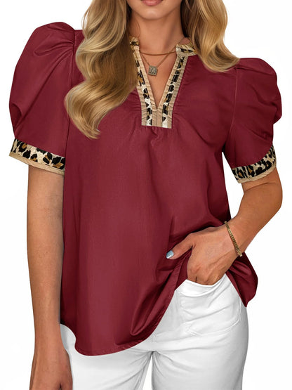 Womens Leopard V Neck Color Block Puff Sleeve Tops