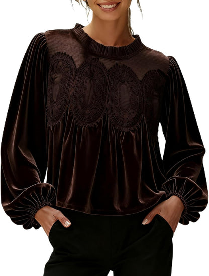 Women's Long Sleeve Velvet Trim Lace Blouse Elegant Flared Swing Top