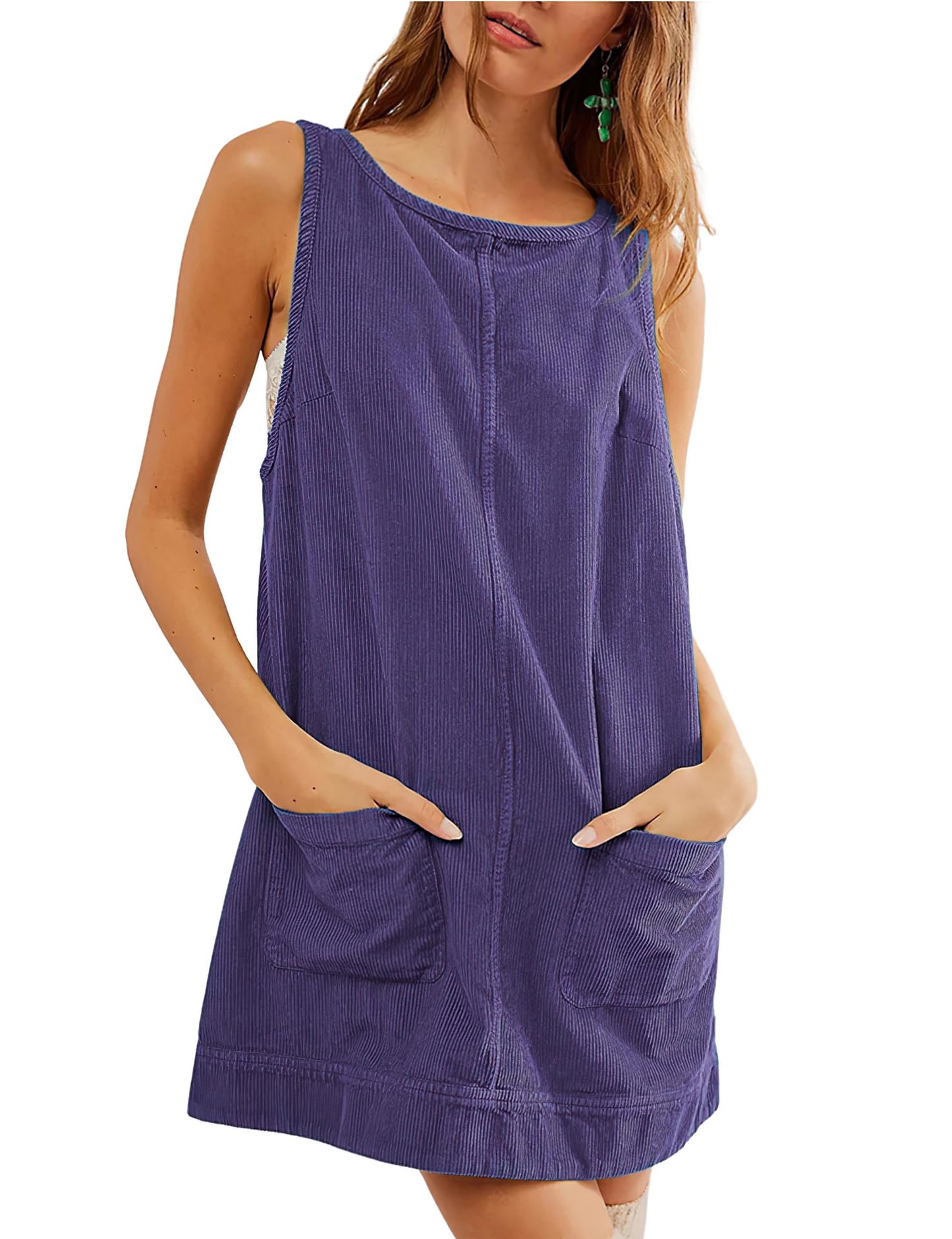 Women's Corduroy Overall Dress Round Neck Wide Strap Mini Dress with Pockets
